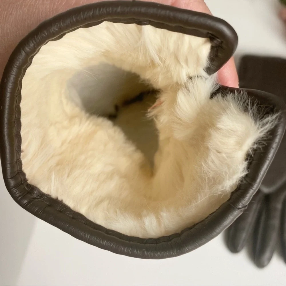 Vintage Brown Nylon Rabbit Fur Lined Gloves
